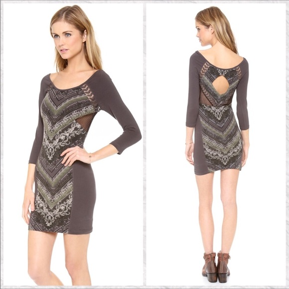 Free‎ People Out Of Africa Dress 3/4 Sleeve Crew Neck Fitted Mini Sexy Casual - Picture 8 of 9